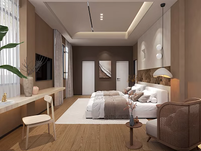 Modern Elegant Hotel Guest Room With Bed TV Window Plant Desk And Wooden Floor 3d model