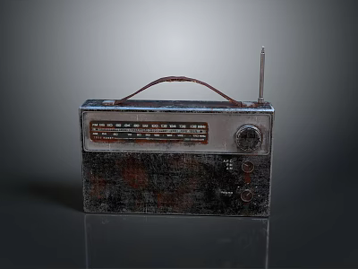 Vintage Radio With Rusted Metal Case Wooden Handle And Antenna 3d model