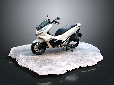 Sleek White Motorcycle Standing on Snowy Ice Platform with Dark Background 3d model