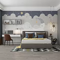 Modern Kids Room Interior With Cloud Star Moon Themed Wall Bed Desk Chair And Bookshelf