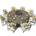 Round Dining Table Set with Six Chairs Yellow Cushions and Centerpiece 3d model