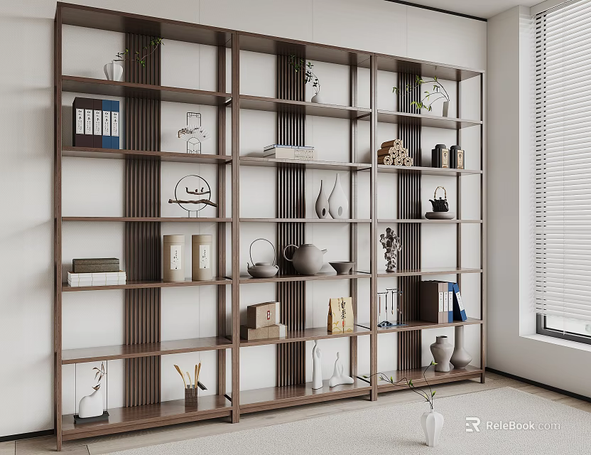 Modern Wooden Display Shelf in Minimalist Interior with Decorative Items Books Vases And Teapots 3d model 