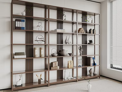 Modern Wooden Display Shelf in Minimalist Interior with Decorative Items Books Vases And Teapots 3d model