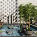 Traditional Garden Ornaments with Waterwheel Wooden Boat Lotus Pond Bamboo and Patterned Wall