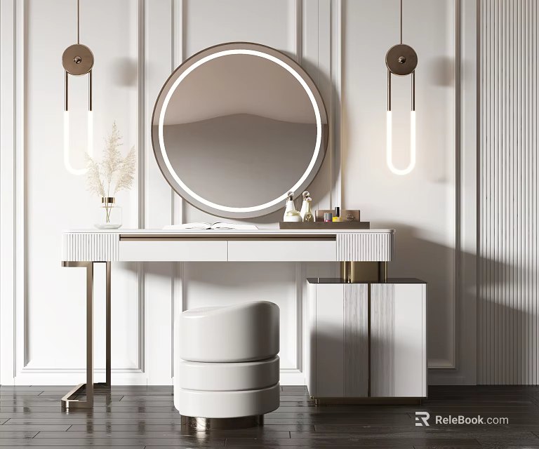 Modern White Dressing Table With Round Illuminated Mirror Gold Legs Wall Sconces And Stool 3d model 