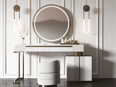 Modern White Dressing Table With Round Illuminated Mirror Gold Legs Wall Sconces And Stool 3d model
