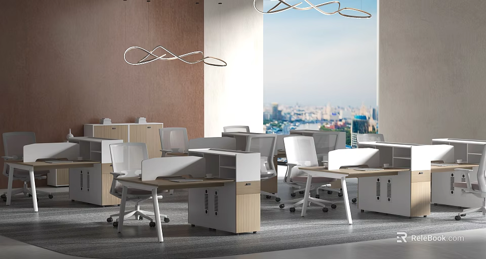 Modern Office Desks With White Chairs Cubicles Large Windows City View And Modern Pendant Lights 3d model 