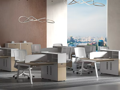 Modern Office Desks With White Chairs Cubicles Large Windows City View And Modern Pendant Lights 3d model