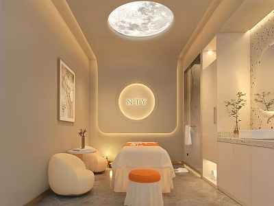 Modern SPA Sauna Interior With Round Moonlight Ceiling Massage Bed Orange Stool And White Armchair 3d model