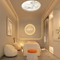 Modern SPA Sauna Interior With Round Moonlight Ceiling Massage Bed Orange Stool And White Armchair