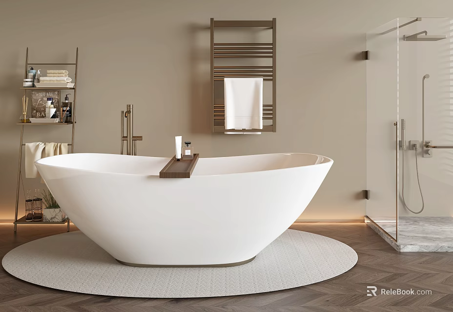 White Freestanding Bathtub With Round Mat Shower Towel Rack And Wooden Floor In Modern Bathroom 3d model 