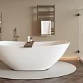 White Freestanding Bathtub With Round Mat Shower Towel Rack And Wooden Floor In Modern Bathroom