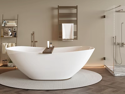 White Freestanding Bathtub With Round Mat Shower Towel Rack And Wooden Floor In Modern Bathroom 3d model
