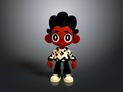 3D Cartoon Character Red Skin Big Eyes Black Hair Wearing Black White Top White Shoes 3d model