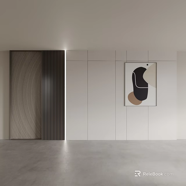 Modern Sofa Background Wall Design With White Panel Wooden Accent And Abstract Art 3d model