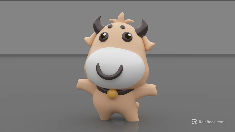 Cute Brown Cow Stuffed Toy With Horns Big Eyes Smiling Bell Around Neck Open Arms 3d model 