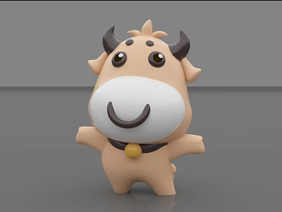 Cute Brown Cow Stuffed Toy With Horns Big Eyes Smiling Bell Around Neck Open Arms 3d model