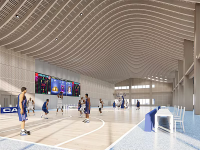 Modern Indoor Basketball Court With Players Practicing And Large Digital Scoreboard 3d model