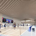 Modern Indoor Basketball Court With Players Practicing And Large Digital Scoreboard