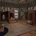 Medieval Half Timbered Building Interior With Wooden Truss Roof Large Windows And Carpets