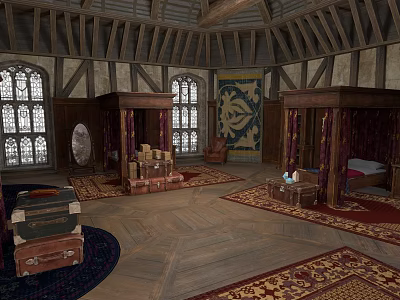 Medieval Half Timbered Building Interior With Wooden Truss Roof Large Windows And Carpets 3d model