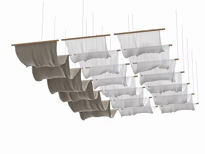 Stylish Ceiling Drapery Design With Gray And White Fabric Hanging On Wooden Rods 3d model