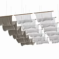 Stylish Ceiling Drapery Design With Gray And White Fabric Hanging On Wooden Rods