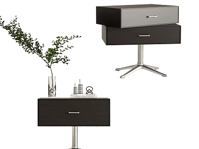 Modern Wooden Bedside Table With Drawer And Metal Legs Featuring Green Plant Decor 3d model