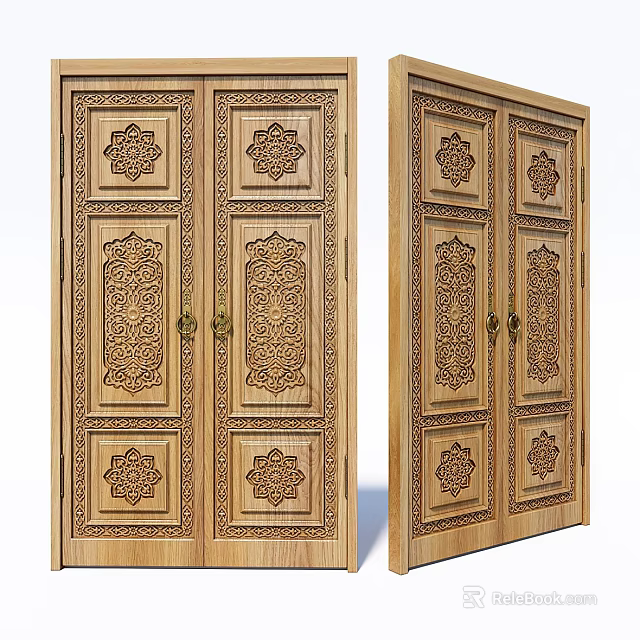 Wooden Double Doors With Intricate Carved Patterns And Traditional Design 3d model 