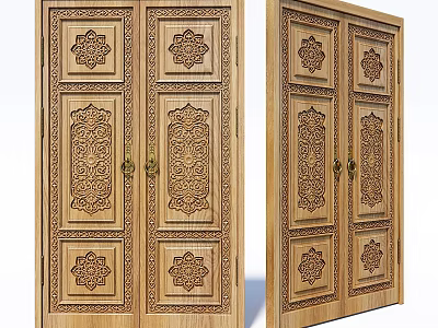Wooden Double Doors With Intricate Carved Patterns And Traditional Design 3d model