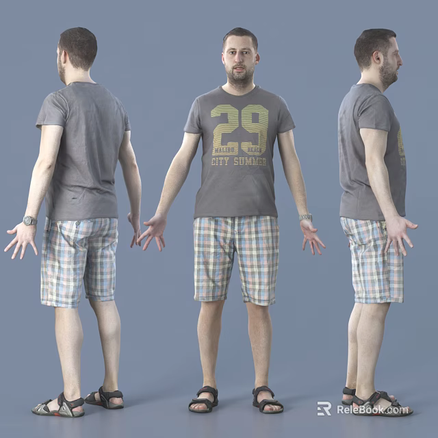 Man In Grey T-Shirt With 29 FIT CLUB Print And Plaid Shorts Three Angles 3d model 