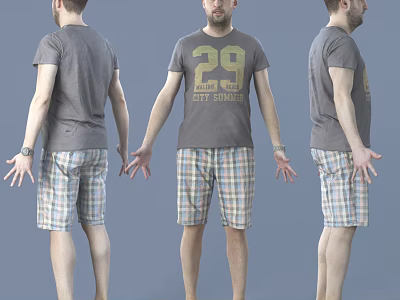 Man In Grey T-Shirt With 29 FIT CLUB Print And Plaid Shorts Three Angles 3d model