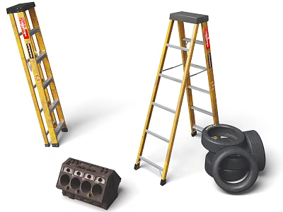 Yellow Step Ladders Black Tires And Metal Engine Part On White Background 3d model
