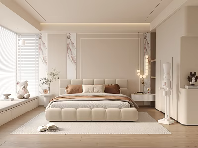 Modern Minimalist Bedroom Interior With Upholstered Bed Blinds Rug And Floor Lamp 3d model