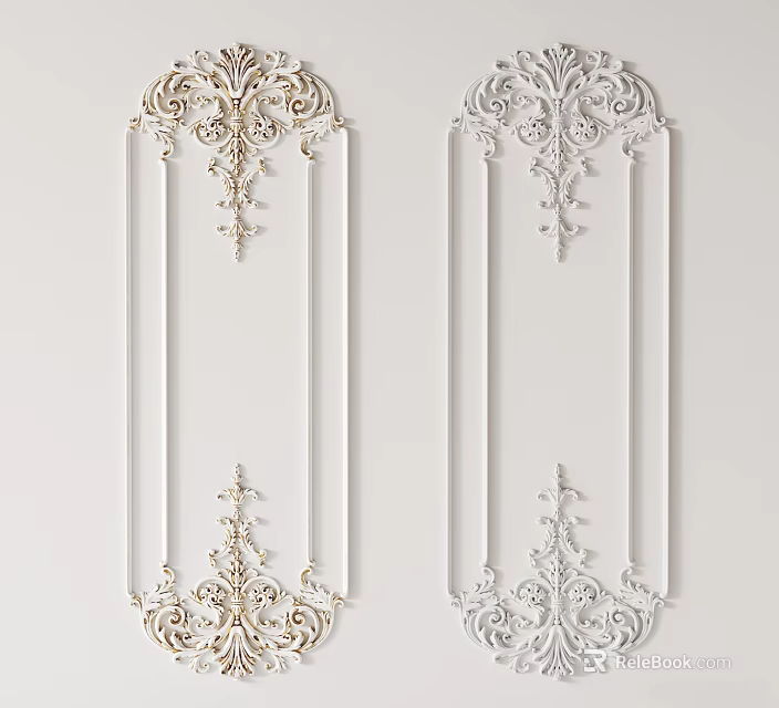 Elegant Ornate Decorative Carvings on Gold and White Rectangular Panels Design Art 3d model 