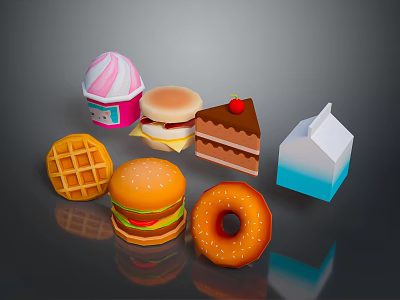 Colorful Assorted Food Items Including Ice Cream Hamburger Cake Waffle Donut And Milk Carton 3d model