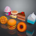 Colorful Assorted Food Items Including Ice Cream Hamburger Cake Waffle Donut And Milk Carton
