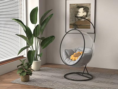 Indoor Hanging Chair With Gray Cushion Yellow Pillows Near Large Green Plant And Window Blinds 3d model