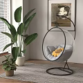 Indoor Hanging Chair With Gray Cushion Yellow Pillows Near Large Green Plant And Window Blinds