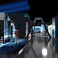 AI Conference Venue With Modern Stage Seating And Digital Background Design