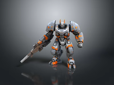 Gray And Orange Sci Fi Armored Robot Warrior With Weapon And Mechanical Design 3d model