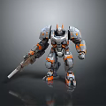 Gray And Orange Sci Fi Armored Robot Warrior With Weapon And Mechanical Design