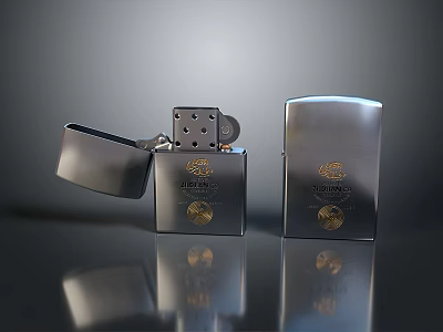Two Shiny Metallic Lighters Featuring Golden Emblem Open And Closed Design 3d model