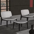 Two Light Gray Upholstered Accent Chairs With Ottoman In Modern Interior Rug And Decorative Vases