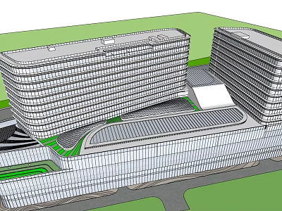 Modern Multi Story Office Building With Glass Facade and Green Space Connection 3d model