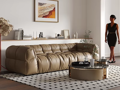 Modern Three Seater Tan Leather Sofa With Gold Round Coffee Table And Geometric Rug 3d model