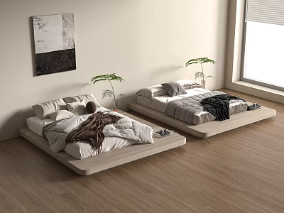 Platform Double Beds in Modern Bedroom with Wooden Floor Window Plants and Wall Art Decor 3d model