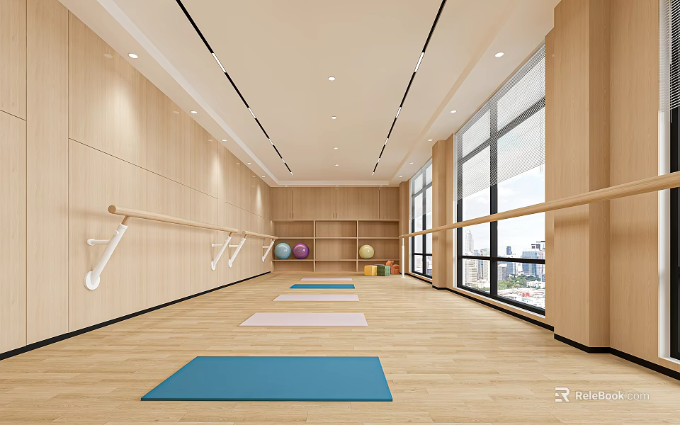 Fitness Studio With Yoga Mats Ballet Barres And Large Windows 3d model 