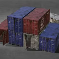 Red And Blue Atlantic Shipping Containers With Various Sizes And Stacked Arrangement