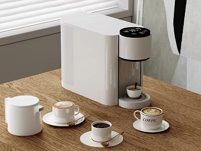 White Coffee Maker Making Fresh Latte Cups With Milk Jug On Wooden Table 3d model
